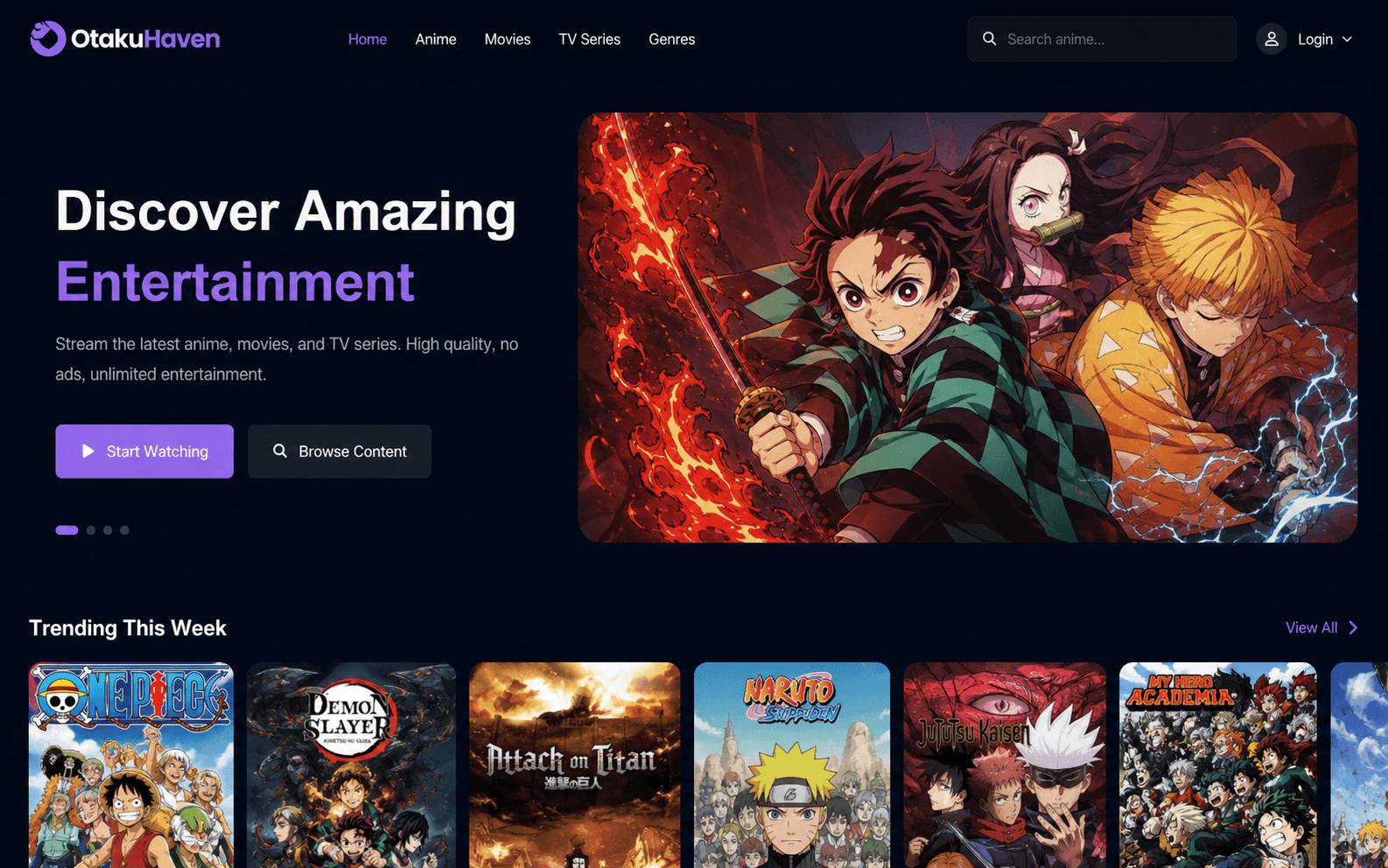 OtakuHaven home page showing its purple discovery hero and trending entertainment catalogue